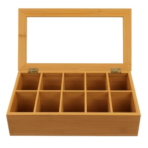 BUF-GTS-19-565.jpg WOOD BAMBOO BOX TEA 10 DIVIDERS WITH GLASS LID 36X20X9CM GTSA - Image 1